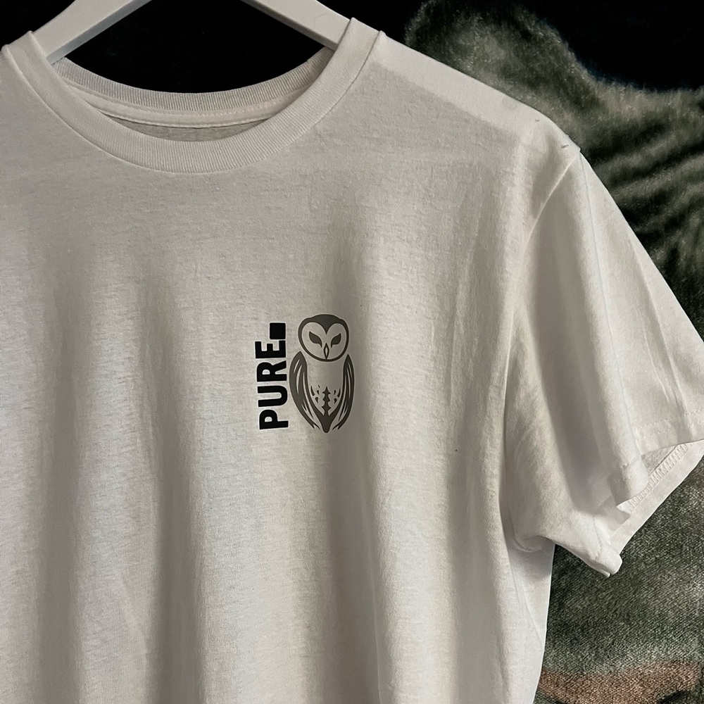 Pure apparel gray owl white crew neck short sleeve t-shirt.